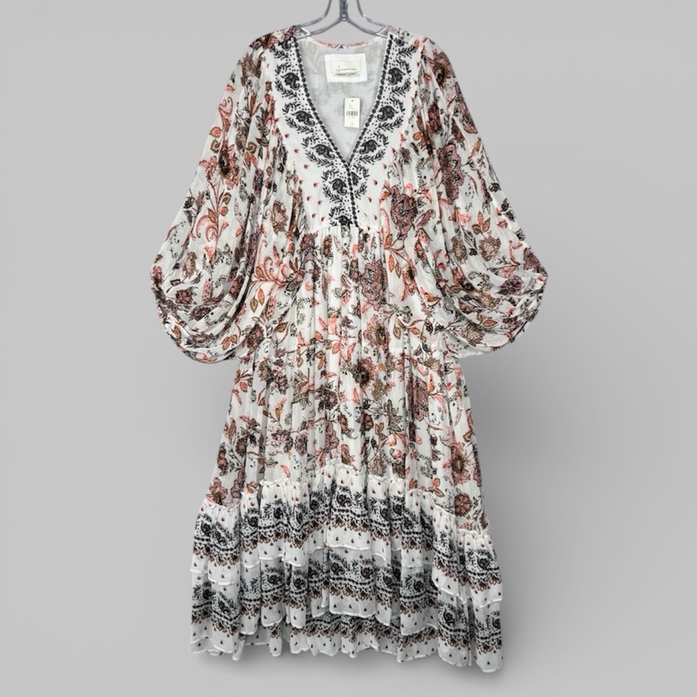 ANTHROPOLOGIE V Neck Maxi Dress SP Floral Boho Neutral Flowy Pockets